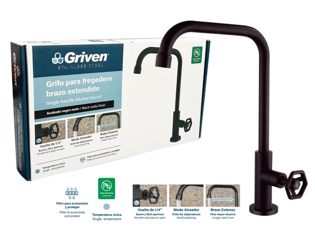 Grifo de fregador negro individual griven