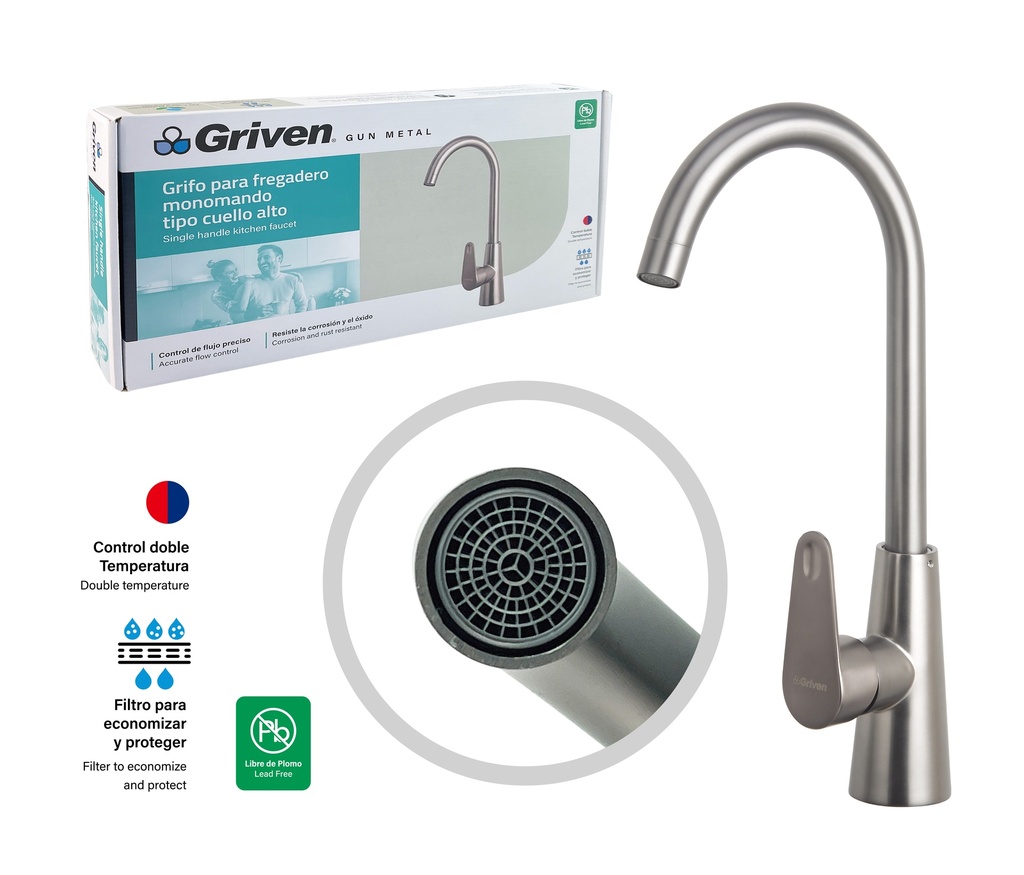 Grifo de fregador monomando gun metal griven