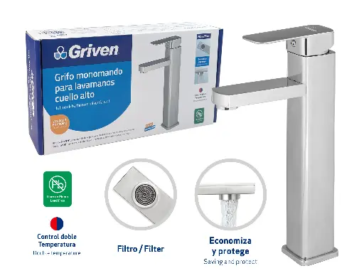 [gv-tmcf-sq] Grifo monomando para lavamanos bowl cromado cuadado 12" griven