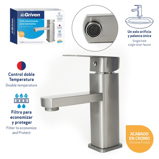 [gv-smf601-3-8] Grifo monomando para lavamanos satinado cuadrado griven