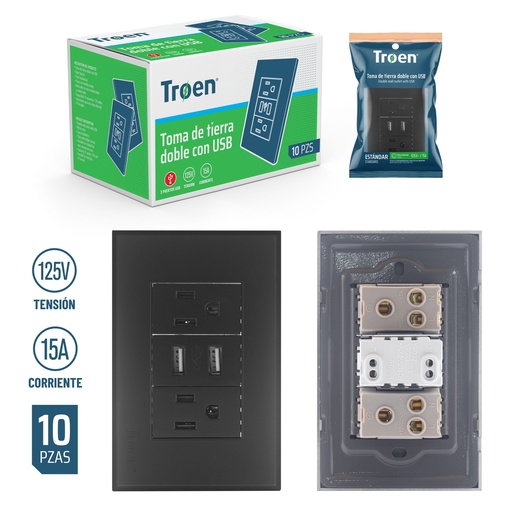 [a136-etb-6c2u] Tomacorriente negro doble con usb troen