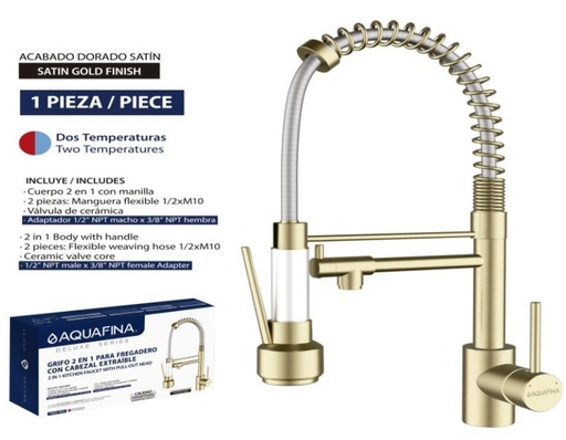 [a-8302g] Llave estirable de fregador dorada doble salida AF