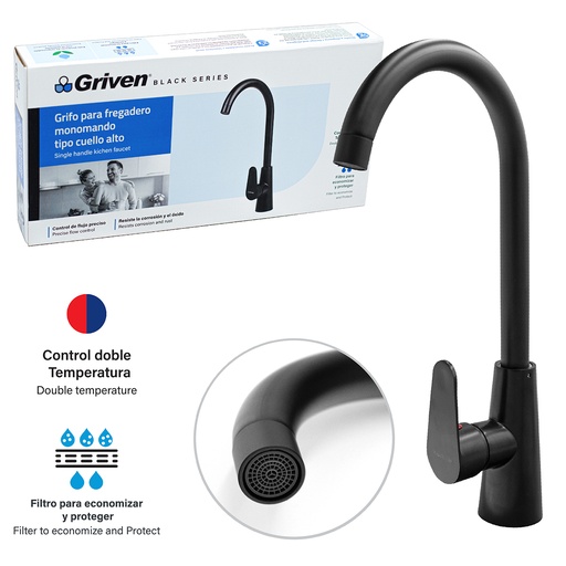[a367-bf602-3-8] Grifo de fregador monomando negro griven