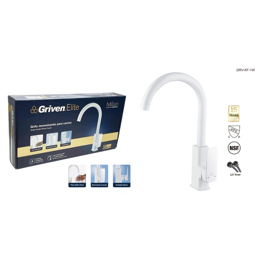 [grv-kf-1w-3-8] Llave de fregador monomando blanco Griven Elite