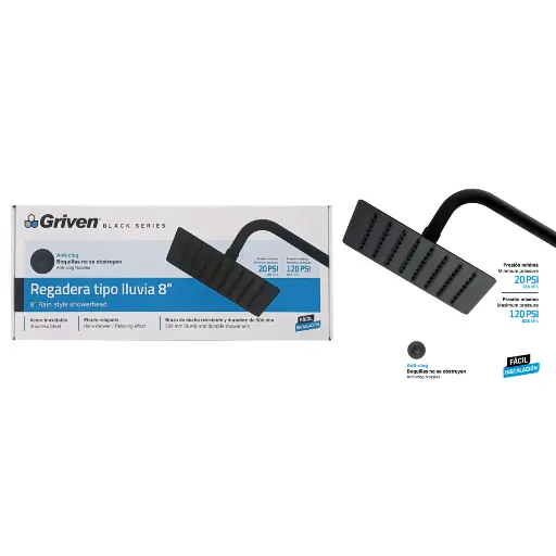 [GV-SHB8-SARM] REGADERA NEGRA CUADRADA 8" BRAZO 50cm