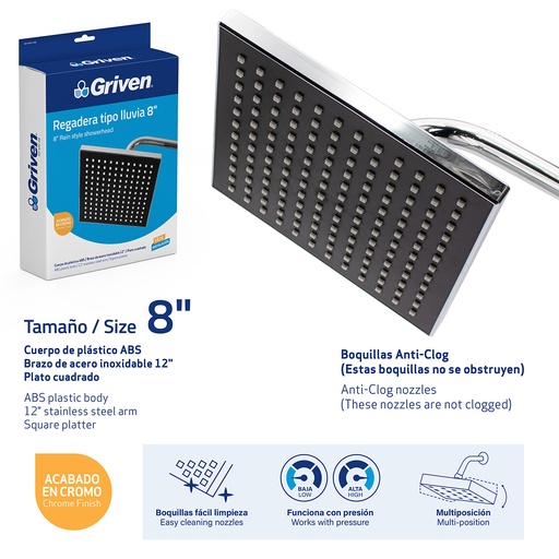 [gv-shc-a8] regadera cuadrada 8" griven 