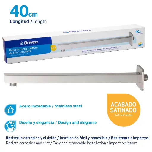 [gv-shs4-s] Brazo satinado cuadrado 40cm de ducha  